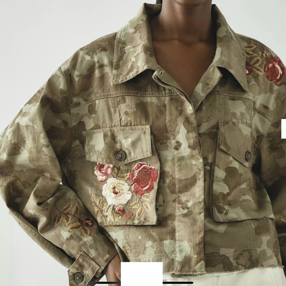 Anthropologie Camo Utility Jacket with Floral Embroidery size 2X